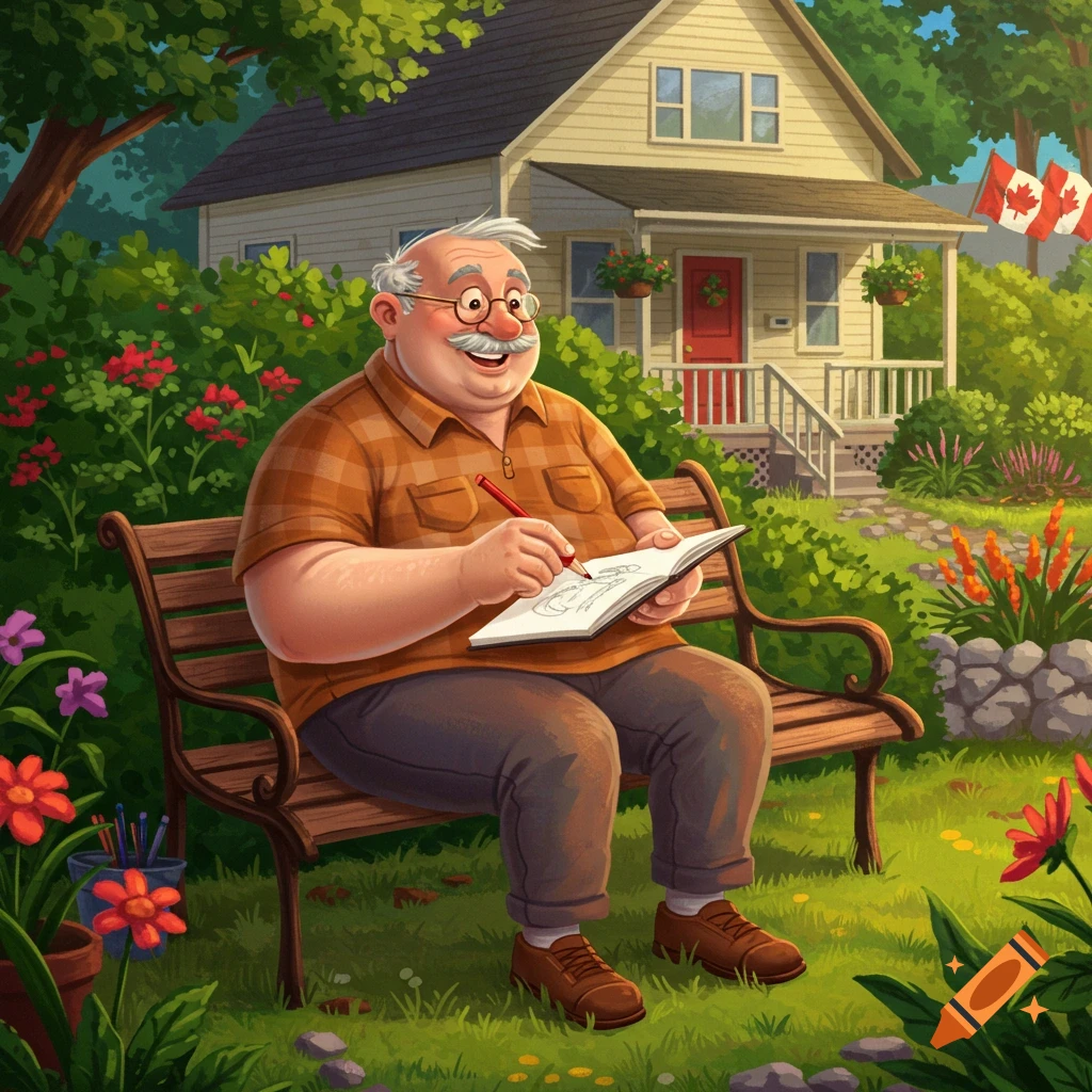 A cartoon of an elderly man with glasses drawing a plant in a sketchbook on a bench in a lush garden in front of a house with a Canadian flag.