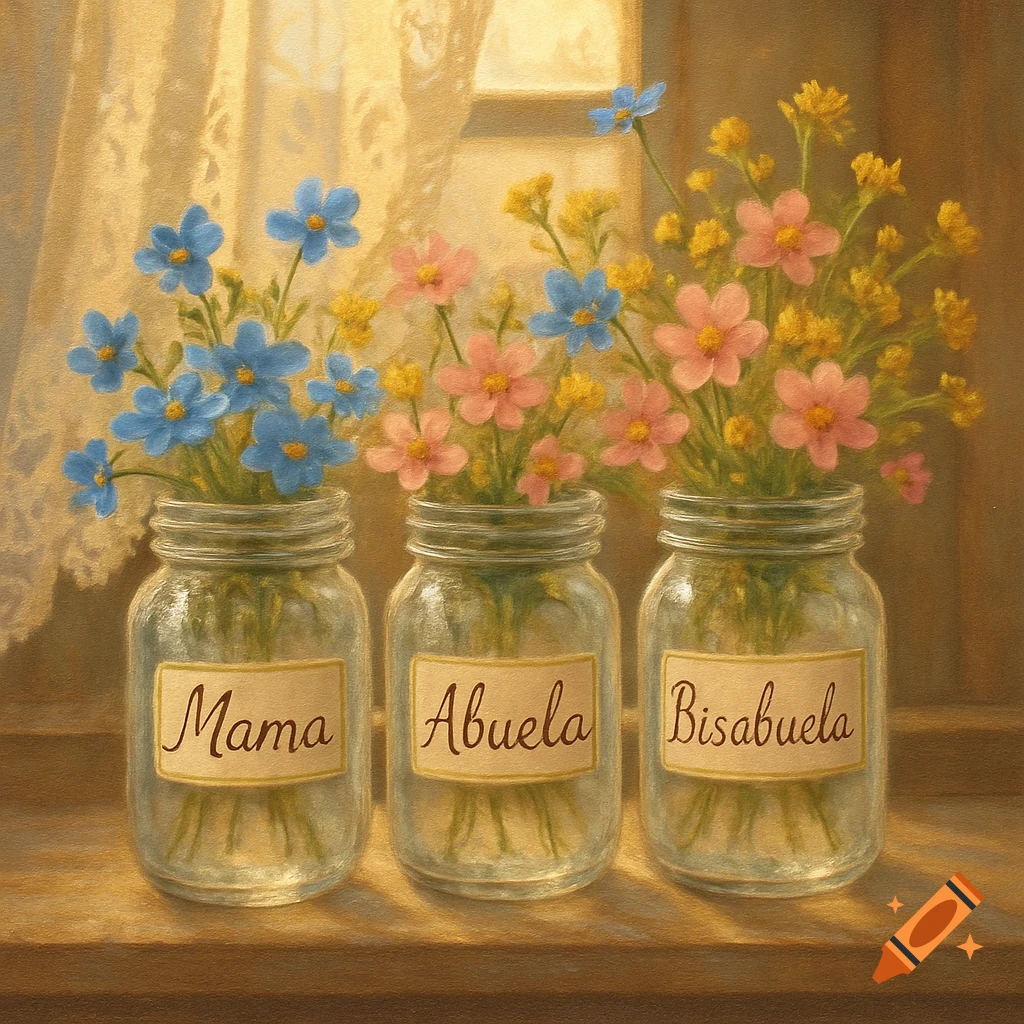 Three jars labeled 'Mama', 'Abuela', and 'Bisabuela' filled with blue, pink, and yellow flowers in a painterly style.