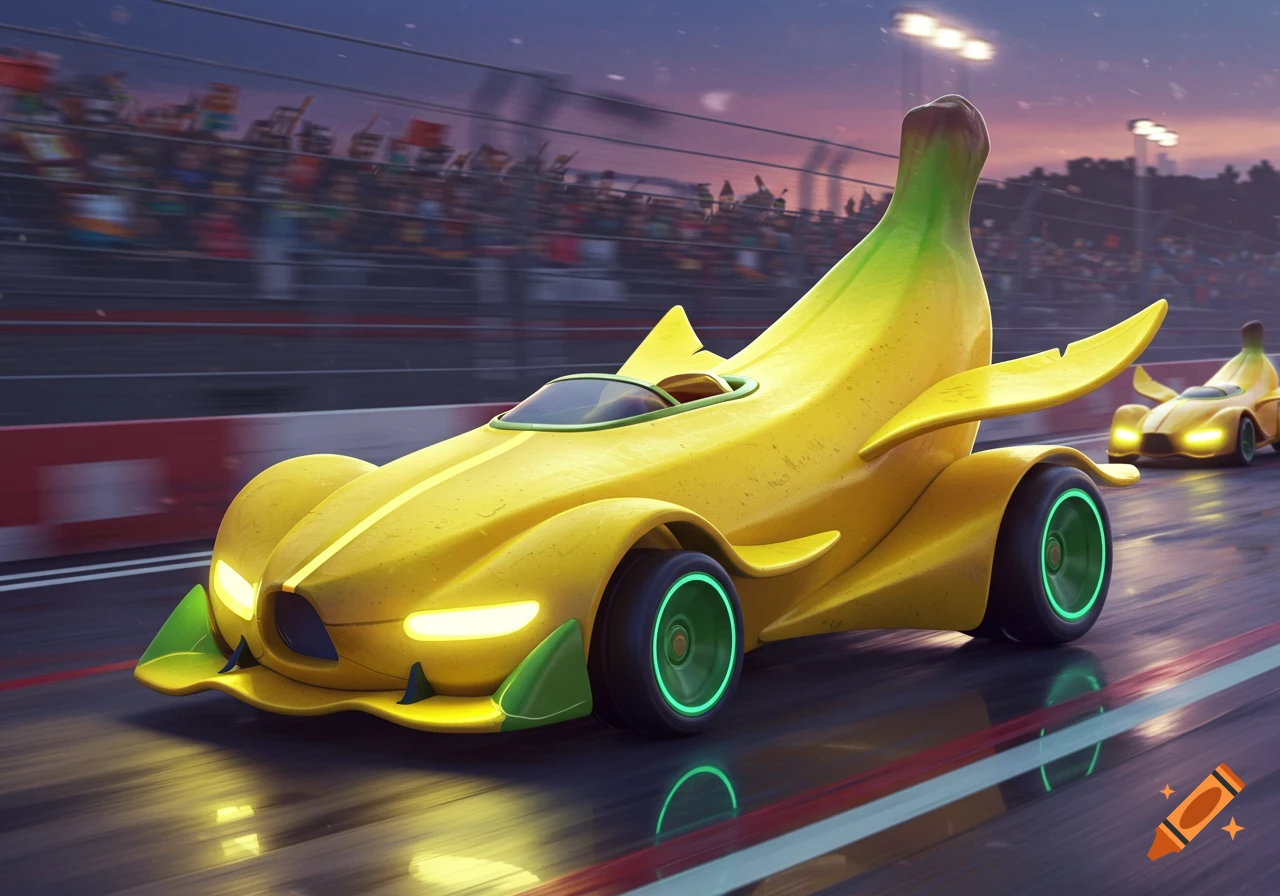 A vibrant yellow banana-shaped race car speeds down a track at dusk, with another banana car in the background and blurry spectators.
