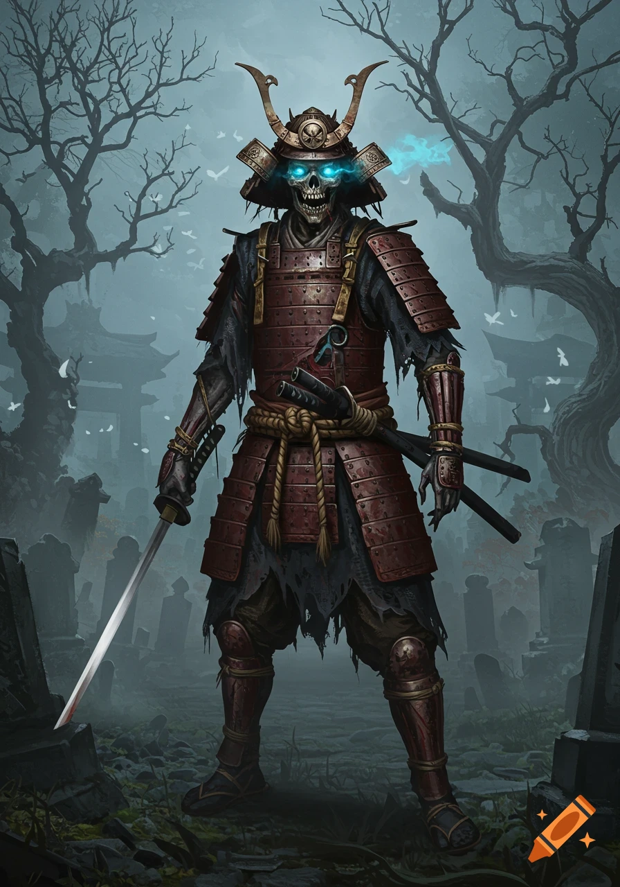 A skeletal zombie samurai with glowing blue eyes, clad in armor and holding a katana, stands in a foggy graveyard with bare trees and a distant pagoda.
