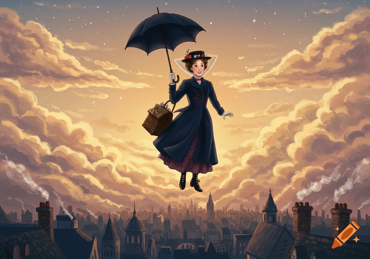 An illustrated Mary Poppins-like woman flies with an open umbrella above a stylized city skyline at sunset, surrounded by warm clouds and faint stars.