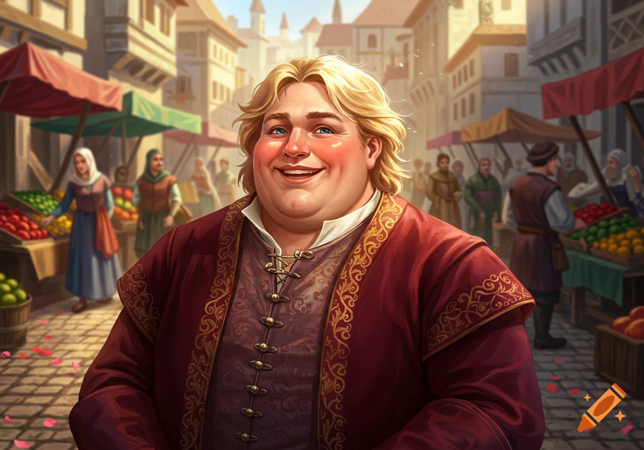 A smiling, plump man with blond hair in historical attire stands in a bustling marketplace with fruit stalls under red awnings.