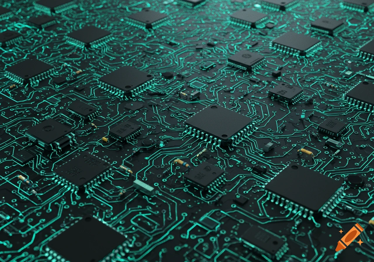 Close-up of a dark printed circuit board with glowing green traces and black integrated circuits.