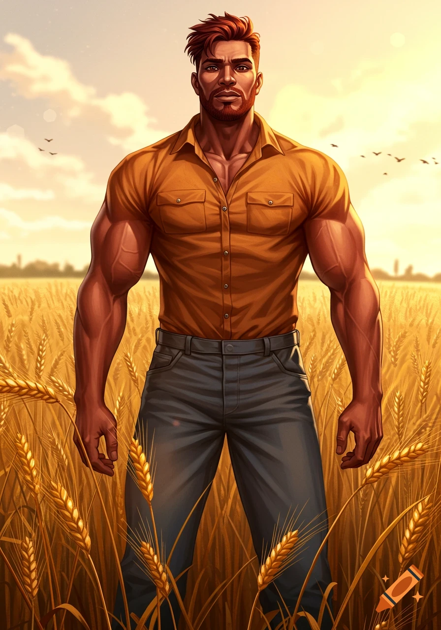 A muscular man with red hair and a beard stands in a golden wheat field at sunset, wearing an orange shirt. Stylized art.