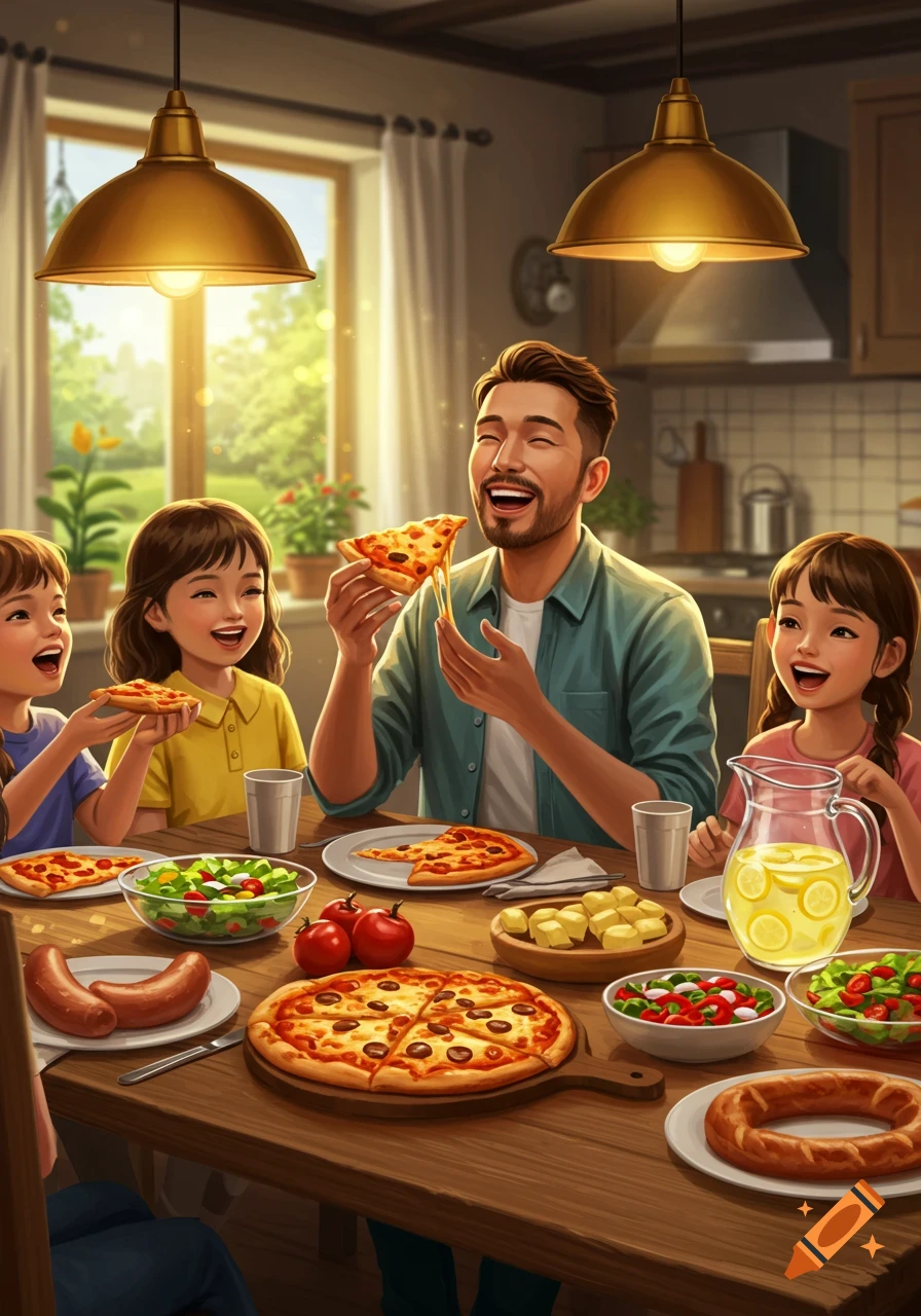 A happy family, a father and three children, eating pizza and salad at a dining table in a well-lit home.