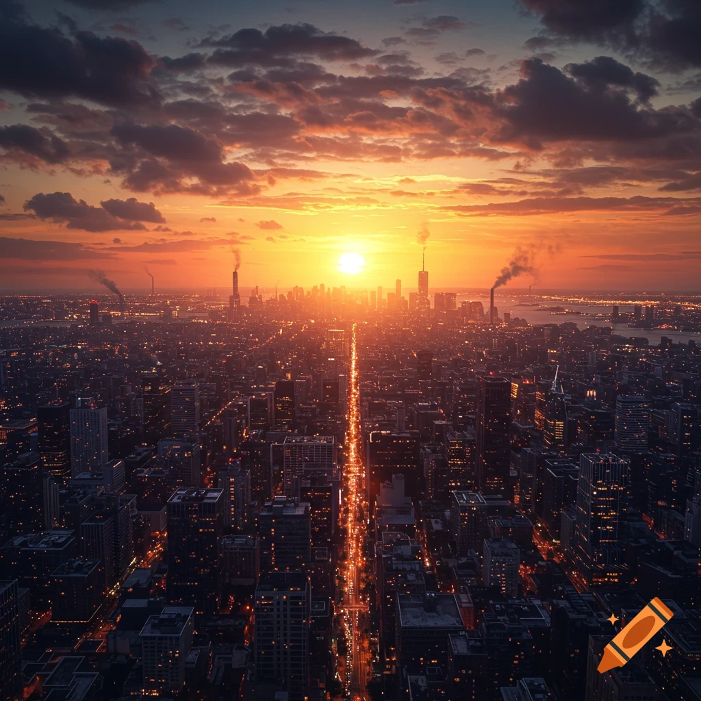 Aerial view of a sprawling city at sunset, with a long, illuminated street cutting through the urban landscape.