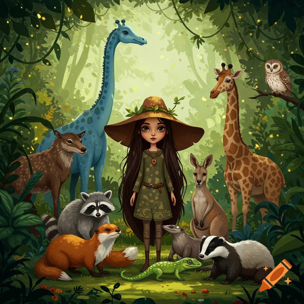 A cartoon illustration of a girl in a wide-brimmed hat surrounded by various friendly animals, including giraffes, a deer, fox, raccoon, and owl, in a vibrant green jungle.