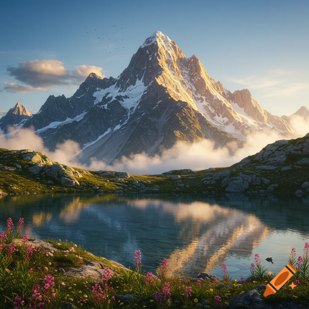 Photorealistic view of a majestic snow-capped mountain reflecting in a clear lake, surrounded by green hills and pink wildflowers under a warm sky.