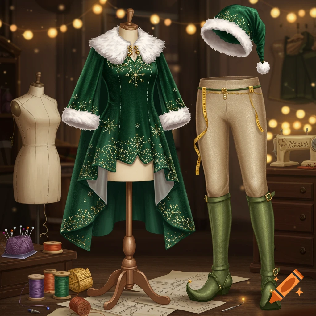 A detailed green velvet elf costume with white fur and gold embroidery on a mannequin, with elf boots, hat, and sewing tools in a dimly lit workshop.