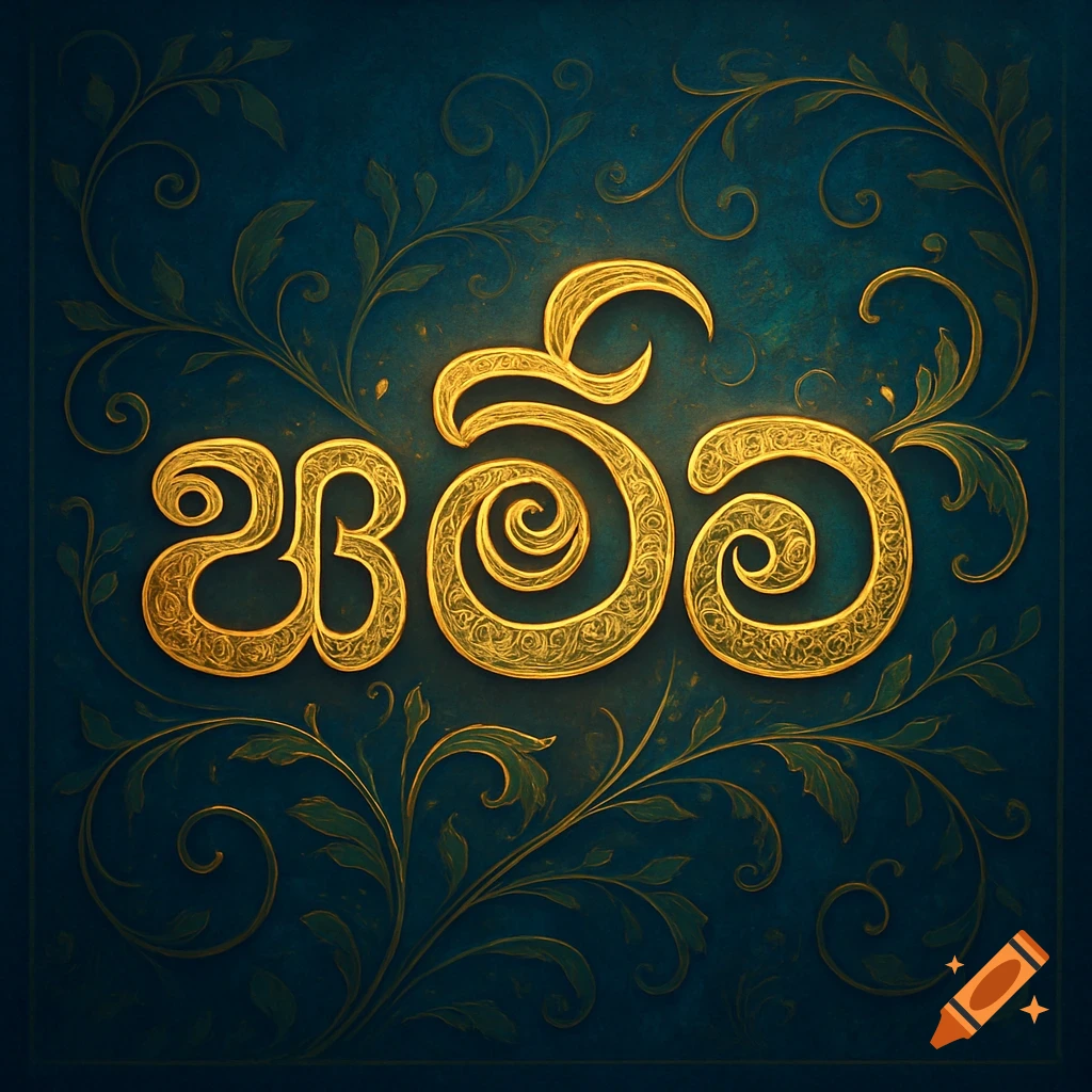 Ornate golden Sinhala letters spelling 'amma' on a dark teal background with intricate floral patterns.