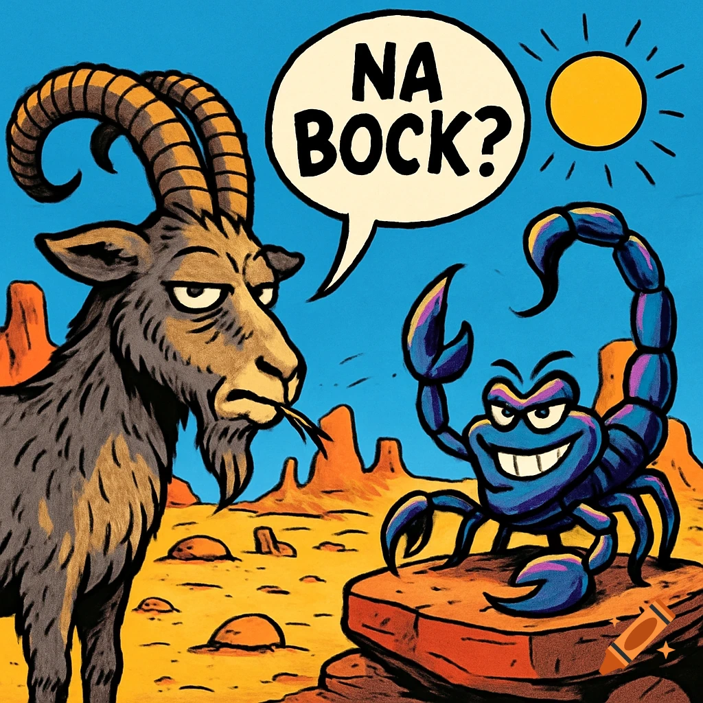 A cartoon goat and a grinning scorpion with a speech bubble saying 'NA BOCK?' in a sunny desert.