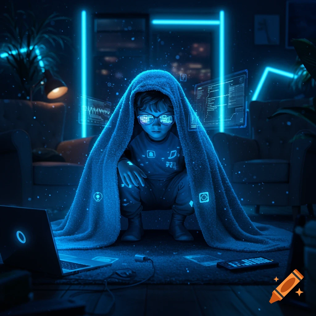A child under a glowing blue blanket and glasses, surrounded by holographic screens in a dark, neon-lit room.
