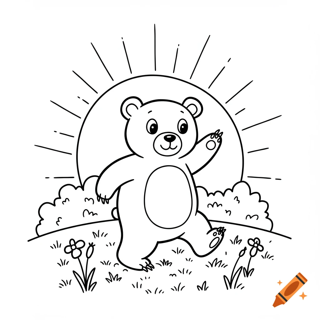 A cute cartoon bear walks on a grassy meadow, waving. The sun shines behind it in this black and white line drawing.