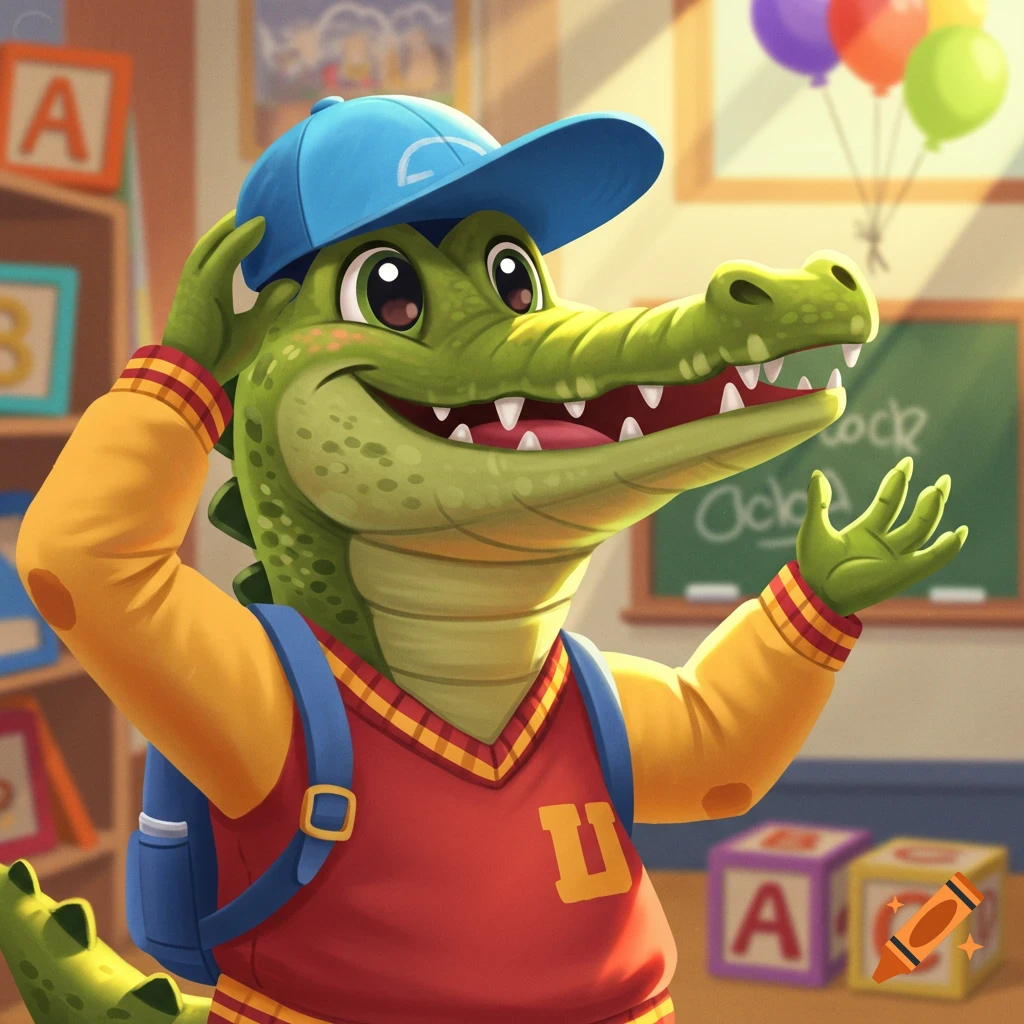 A smiling cartoon green crocodile wearing a blue baseball cap, red school uniform, and a blue backpack, in a classroom.