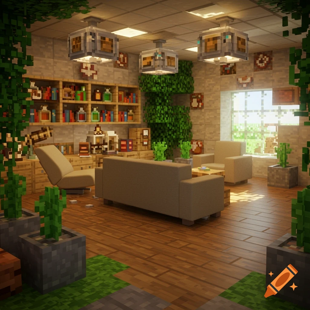 A stylized Minecraft therapy office with a couch, armchair, bookshelf, and lush green plants.