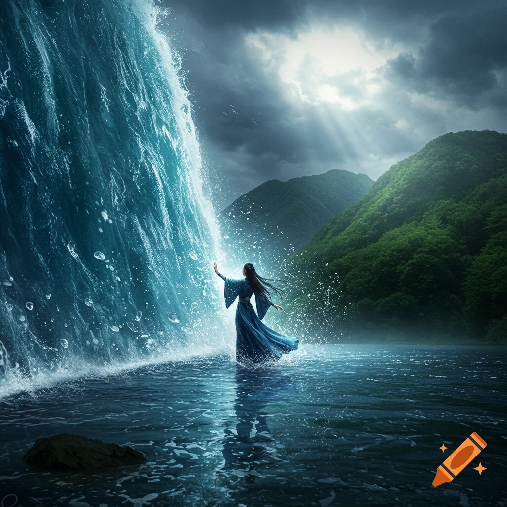 A person in a blue robe stands in water, parting a massive wall of blue water, with green mountains and a dramatic sky in the background.