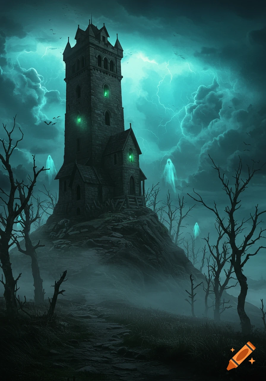 A dark gothic tower on a rocky hill under a stormy, teal lightning sky, surrounded by bare trees and glowing ghosts.