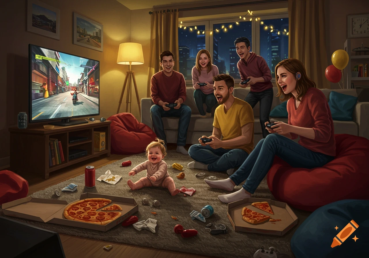 Illustration of a family and friends joyfully playing video games and eating pizza in a cozy living room.