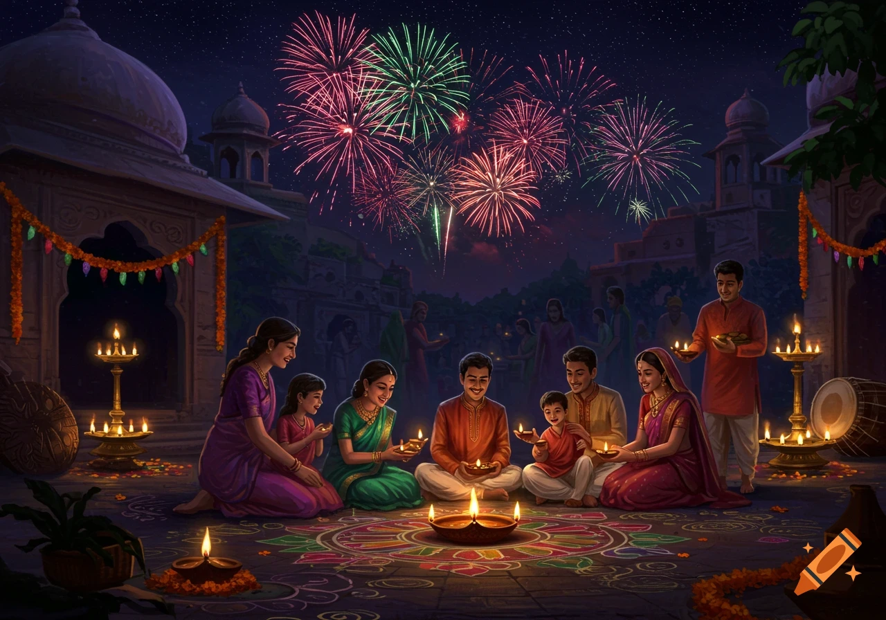 A colorful illustration of an Indian family celebrating Diwali at night, holding diyas around a rangoli with fireworks in the sky.