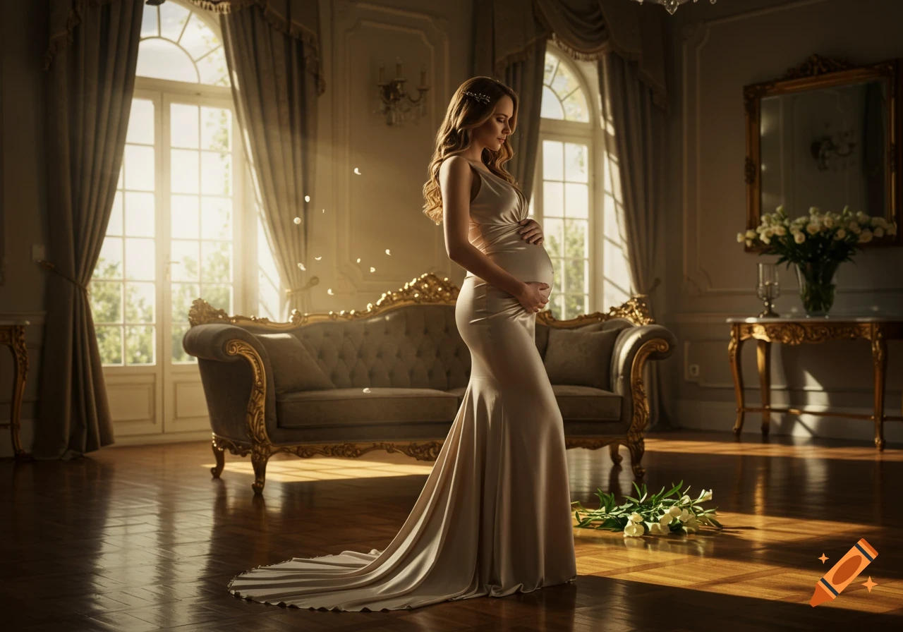 Elegant pregnant woman in a flowing gown stands in a luxurious room, cradling her belly, with white flowers on the floor.