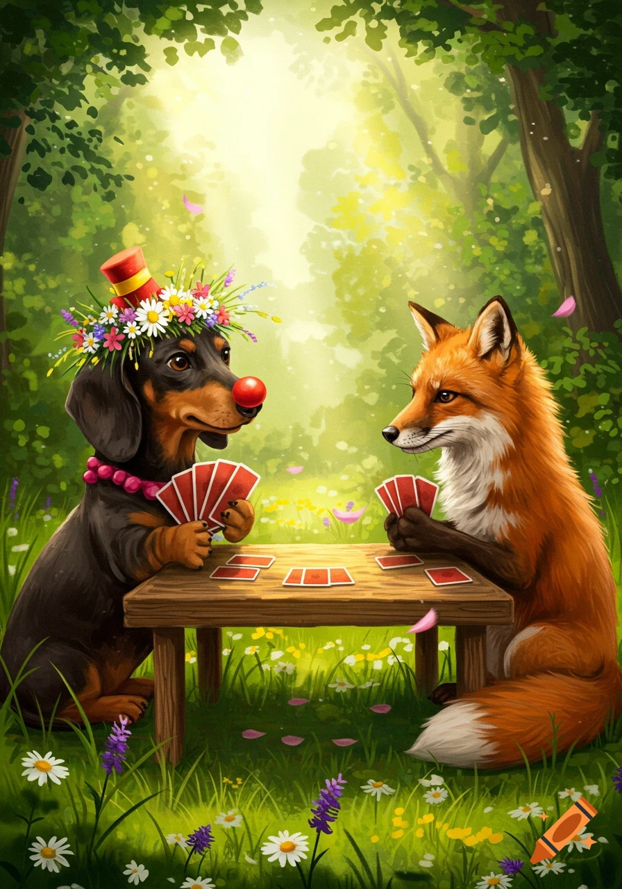 An illustrative image of a dachshund with a clown nose and flower crown playing cards with a fox at a wooden table in a sunny, green forest.
