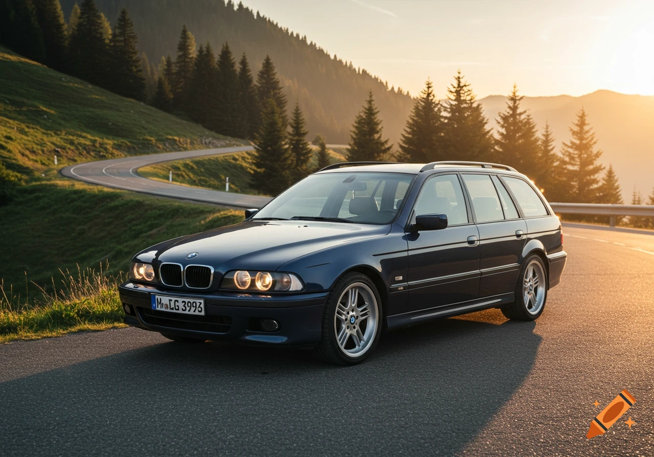 Dark blue BMW E39 station wagon on a winding mountain road at sunset with pine trees and hills, photorealistic.