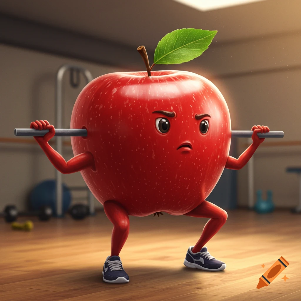 A cartoon red apple with a face, arms, and legs, wearing blue sneakers, squats with a barbell in a gym setting.