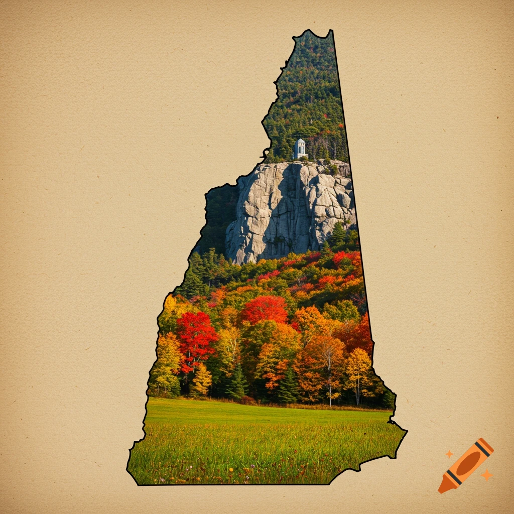 An outline of New Hampshire filled with an autumn landscape, featuring a rocky cliff with a monument on top, colorful trees, and a grassy meadow.