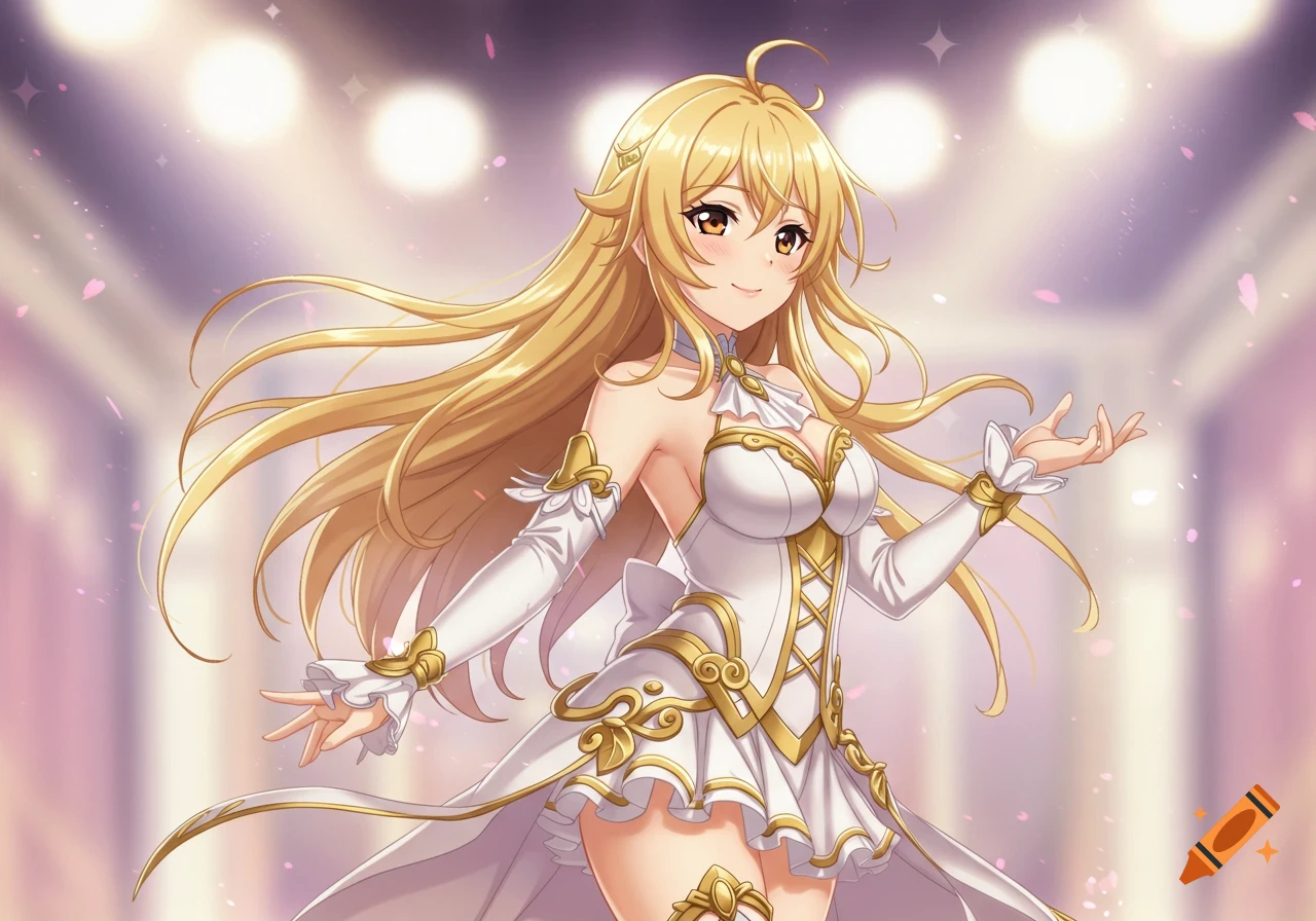 Anime girl with long blonde hair and brown eyes in a white and gold dress, smiling on a stage with spotlights and falling pink petals.