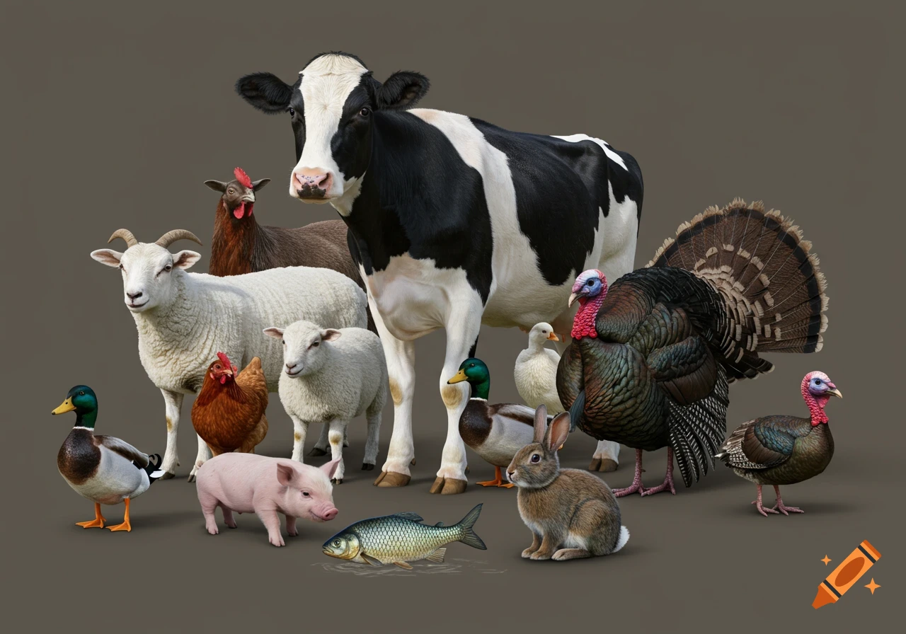 A diverse group of realistic farm animals including a cow, pig, chicken, sheep, goat, fish, ducks, rabbit, and turkeys on a plain background.