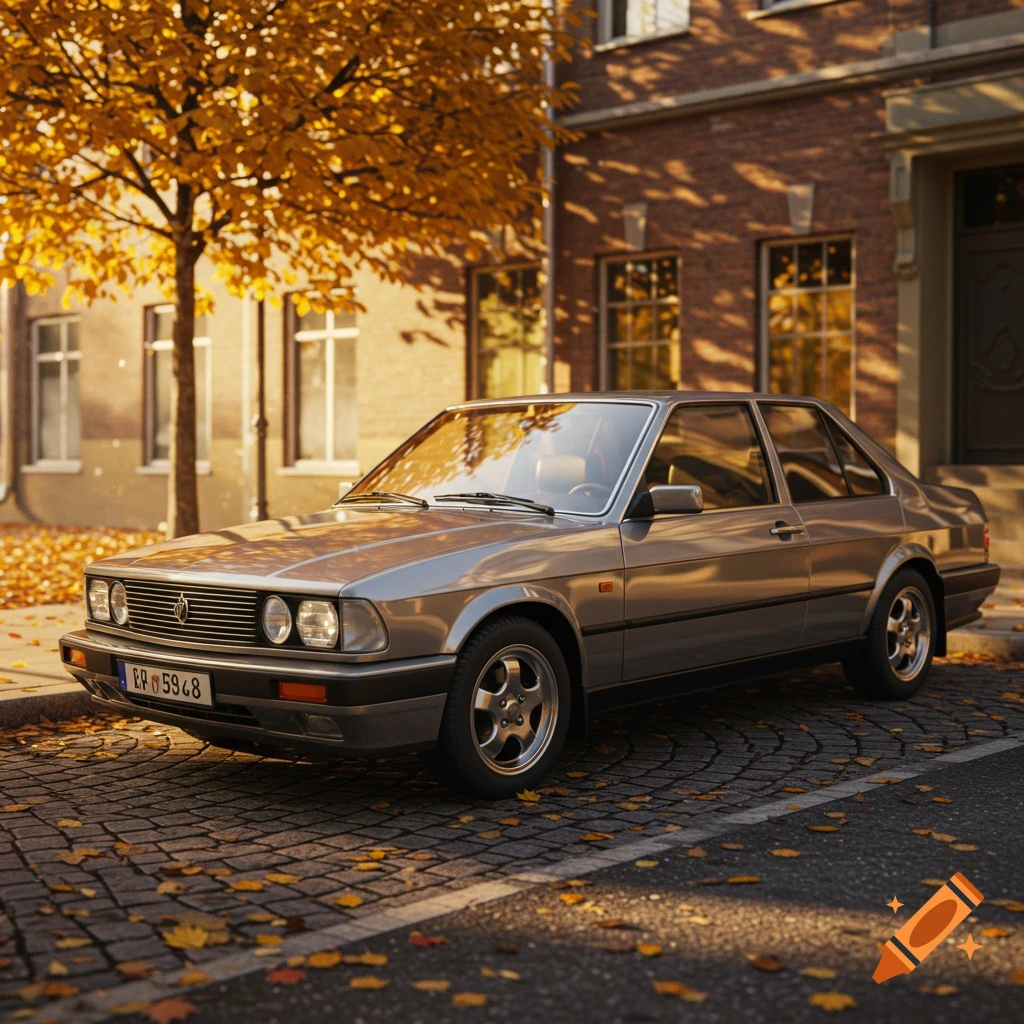 A silver vintage car parked on a cobblestone street with fallen autumn leaves, in front of a brick building.