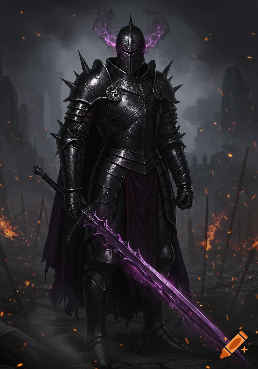 A dark fantasy knight in spiked black armor with a glowing purple sword stands in a burning, ruined landscape.