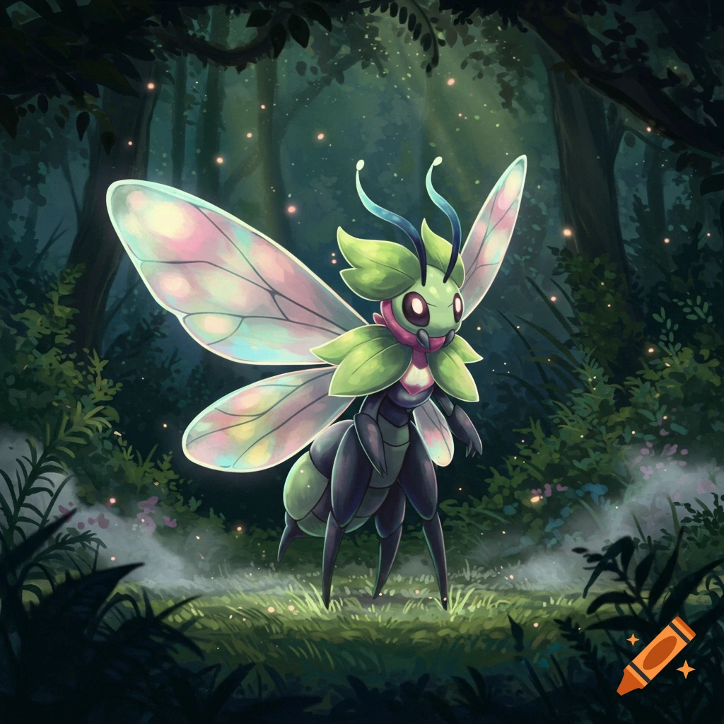 A green, bug-like Pokémon creature with large iridescent wings stands in a glowing, misty forest.