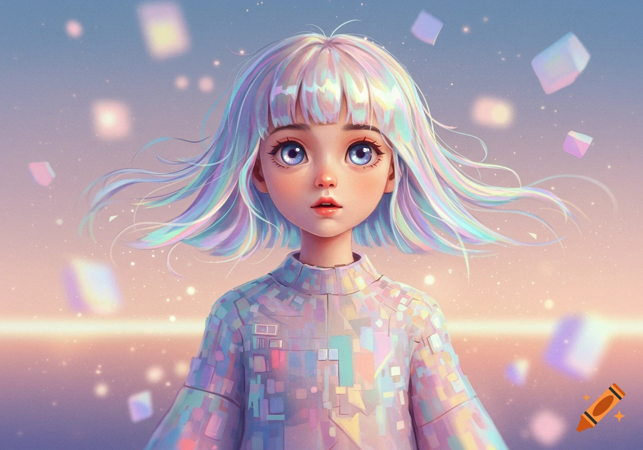 A stylized girl with iridescent pastel hair and a block-patterned outfit looks forward, surrounded by floating cubes and sparkling light in a dreamy sky.