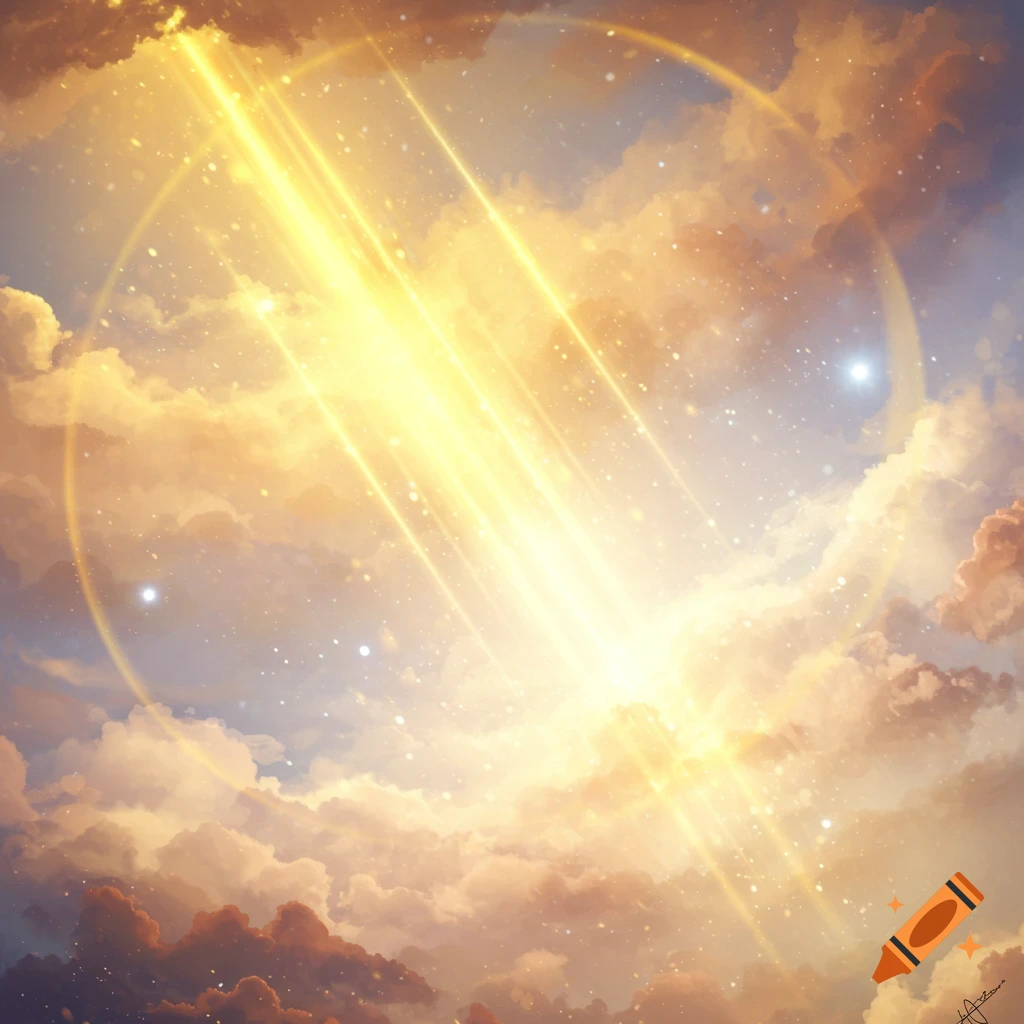 Golden light rays pierce through a dramatic sky filled with orange and blue clouds, stars, and a luminous ring.