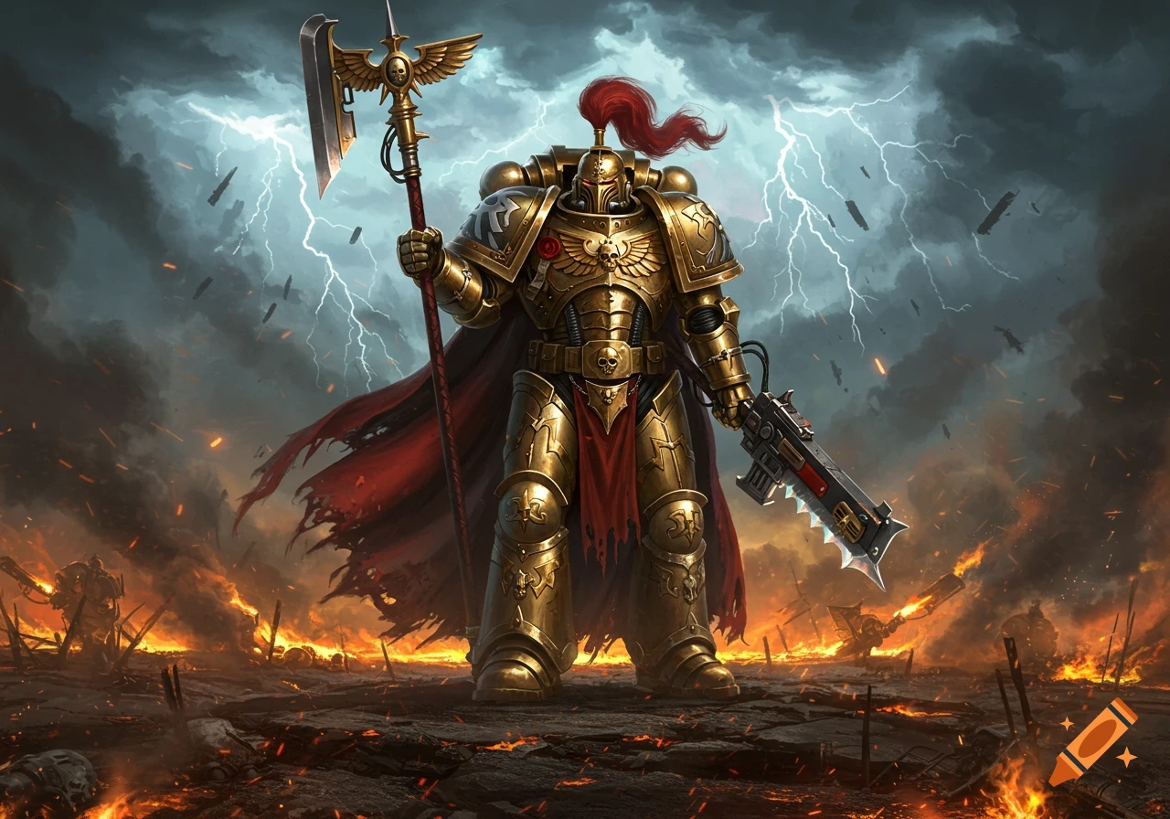 A golden-armored Adeptus Custodes warrior on a burning battlefield under a lightning-filled sky, holding an axe and a gun.