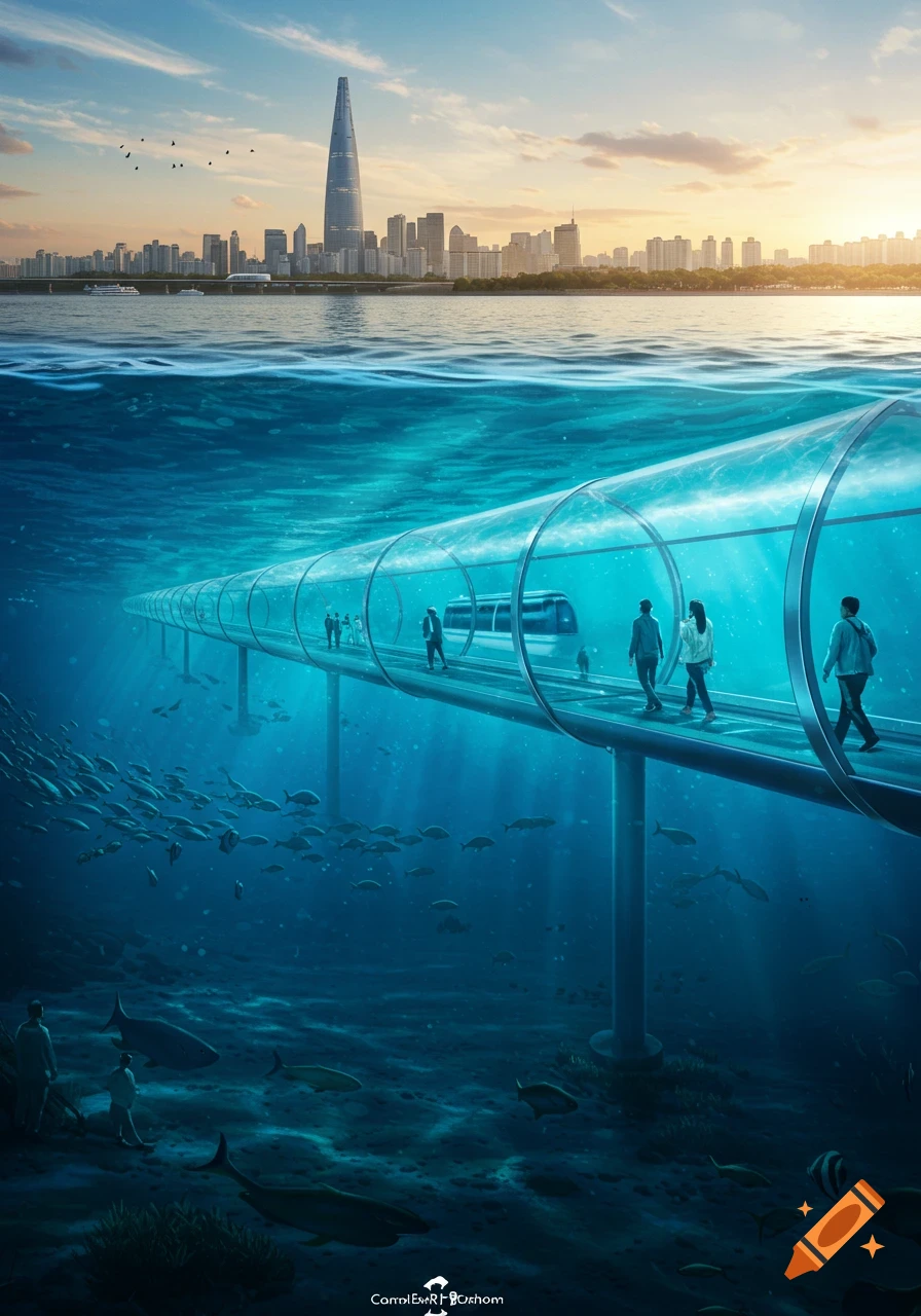 Photorealistic scene of a transparent underwater tunnel with people and a train, beneath a city skyline at sunset.