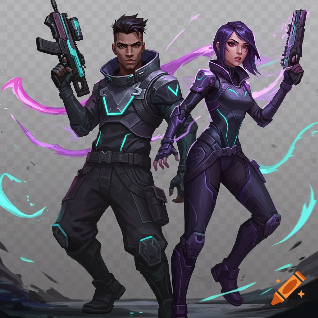 Stylized male and female characters in dark futuristic armor with glowing accents, holding weapons, on a transparent background.