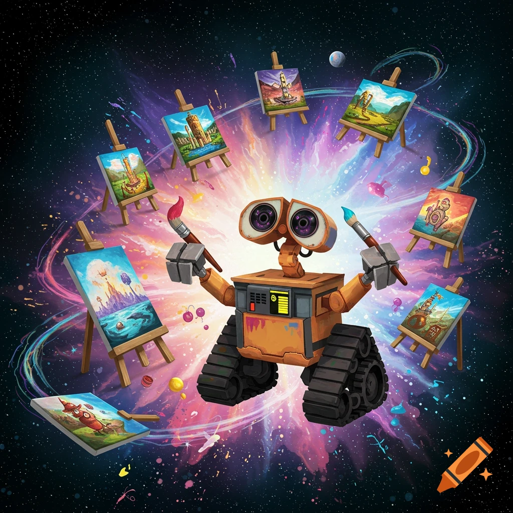 Wall-E robot holds paintbrushes in space, surrounded by vibrant cosmic splatters and multiple small paintings on easels.