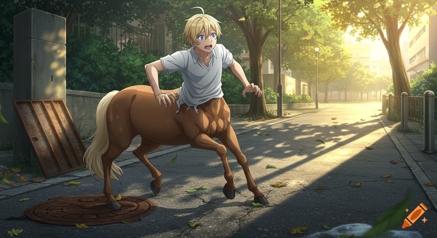 A blond anime centaur struggles to emerge from a manhole on a sunny city street.