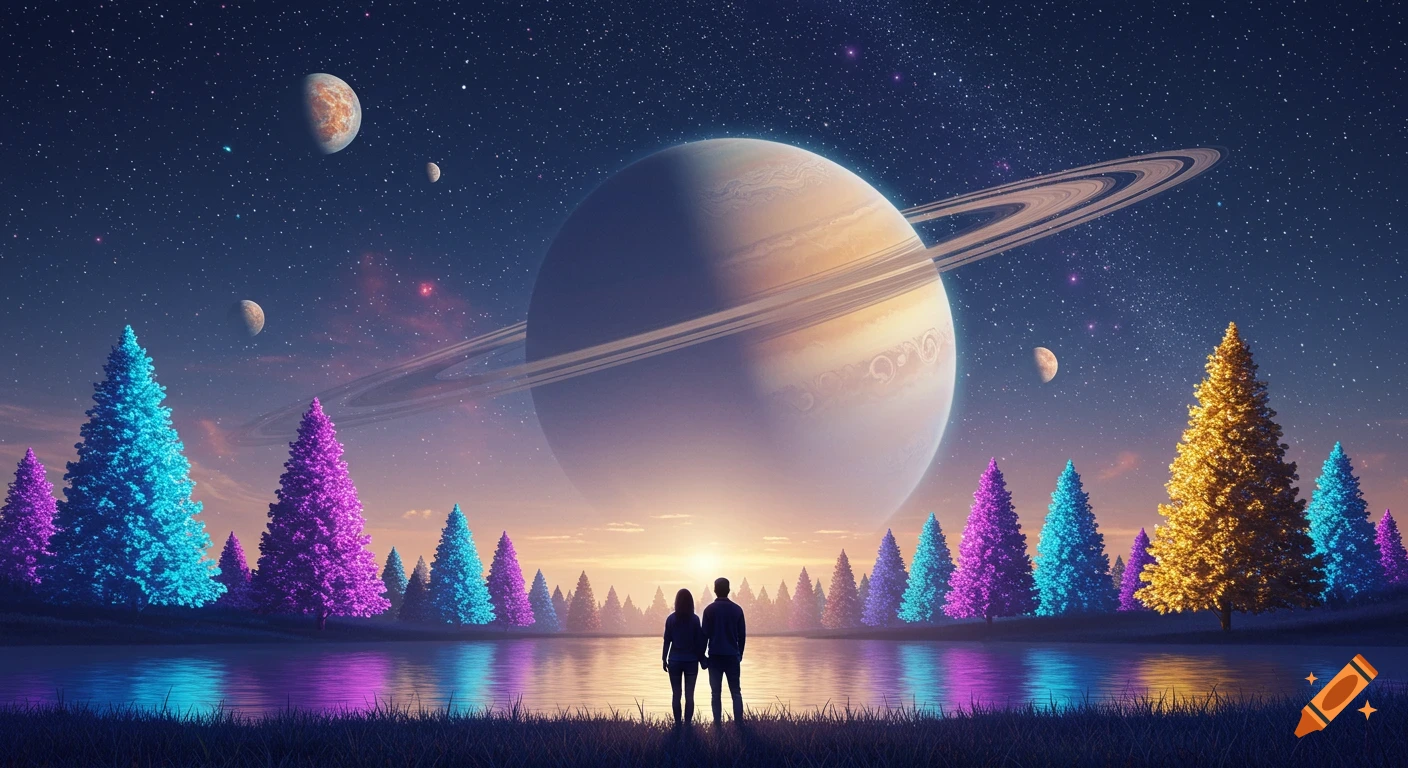 Couple by a lake with vibrant trees, gazing at a giant ringed planet and starry sky at sunset, with colorful reflections.