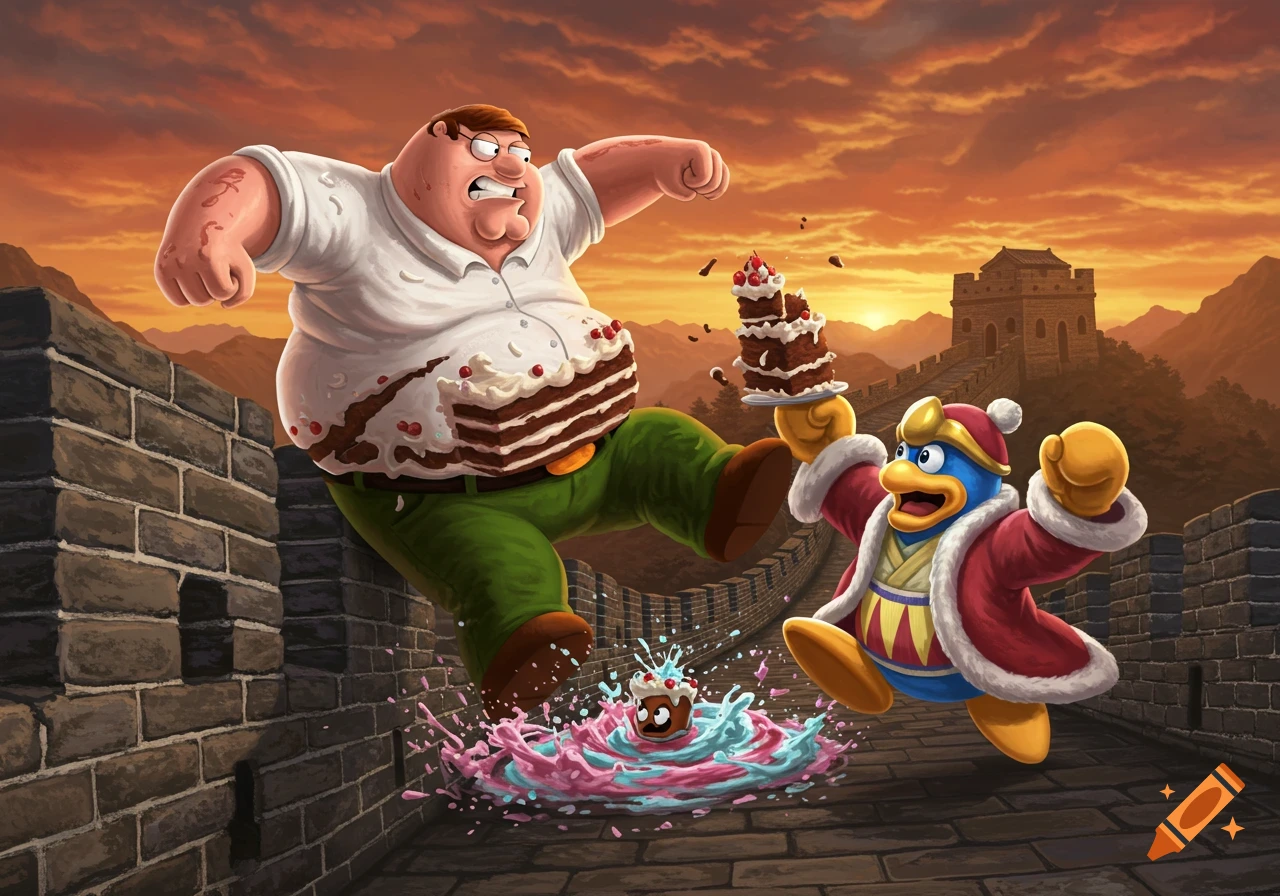 Peter Griffin, covered in cake, dramatically stomps on a cupcake while King Dedede holds a cake on the Great Wall of China at sunset.