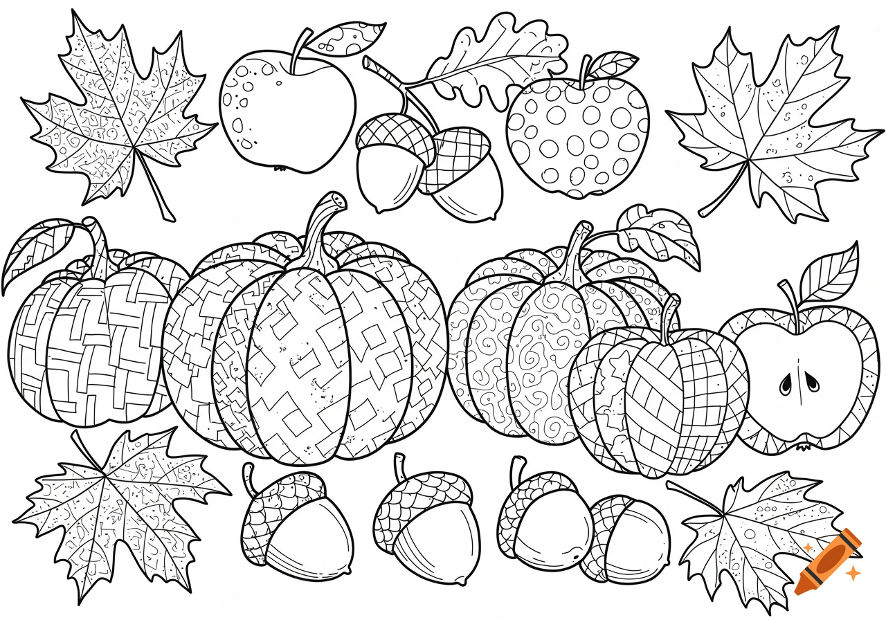 Black and white line art coloring page featuring pumpkins, apples, acorns, and various autumn leaves.