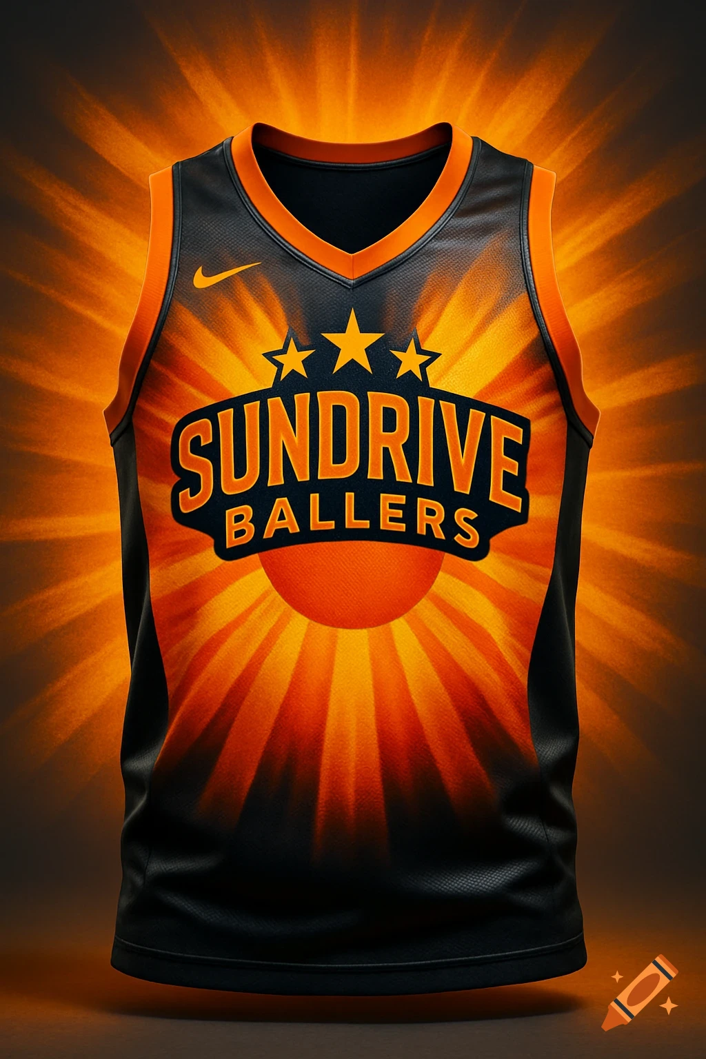 A black and orange basketball jersey with 'SUNDRIVE BALLERS' team logo, three stars, and a sunburst design.