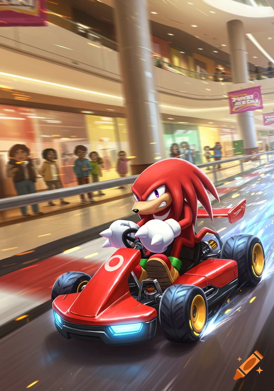 Knuckles from Sonic the Hedgehog races a red go-kart at high speed through a brightly lit shopping mall, with blurred onlookers in the background.