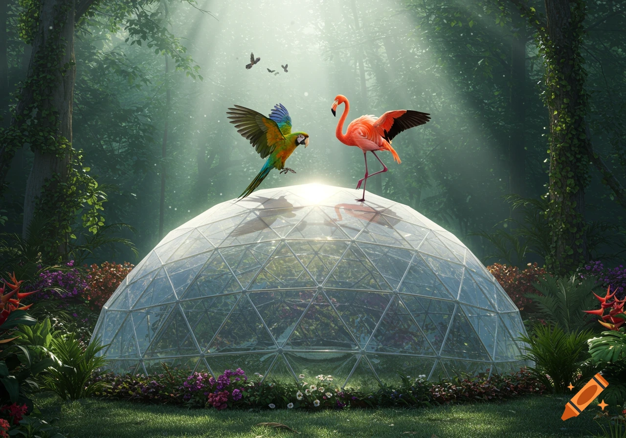 A vibrant green parrot and a pink flamingo stand on a geodesic dome in a sun-dappled, lush forest.