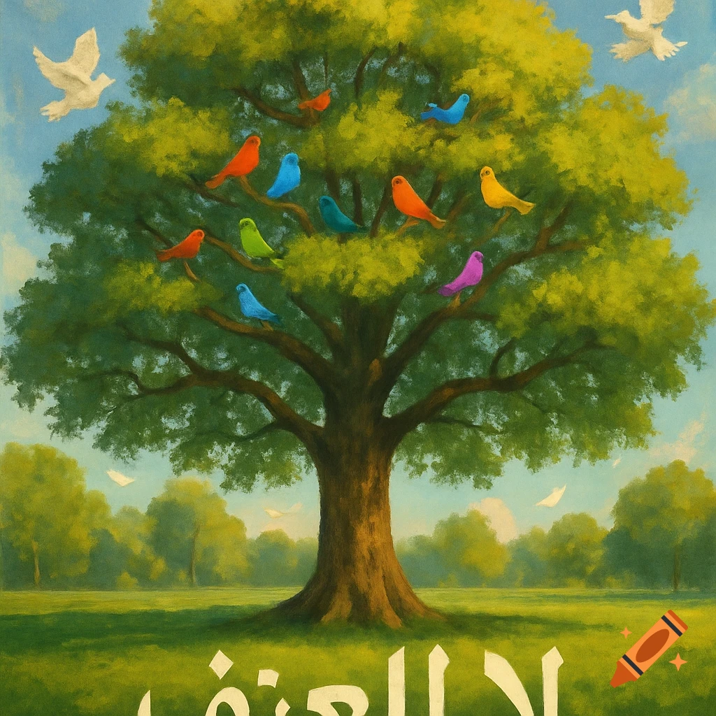 A vibrant painting of a large green tree with many colorful birds, two white doves flying, and Arabic text at the bottom.