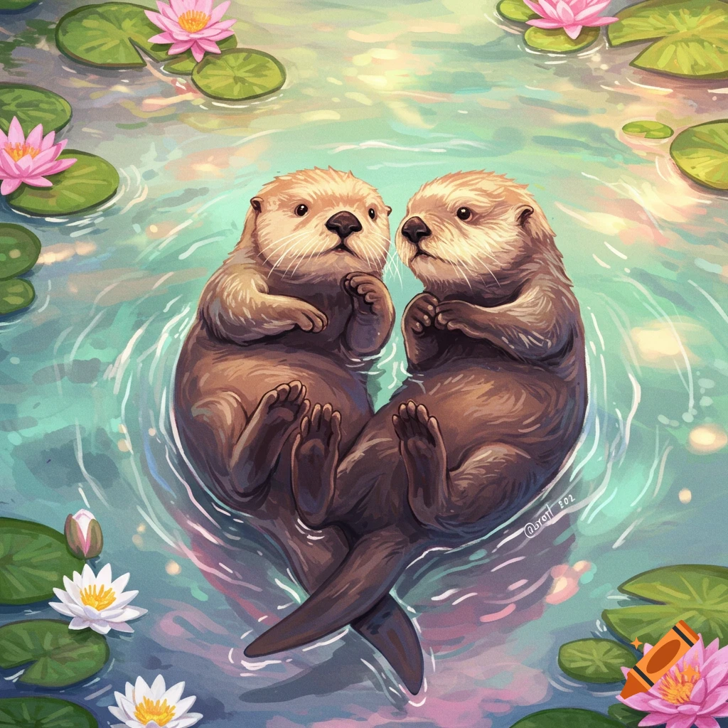 Two adorable otters float on their backs in a pond among pink and white water lilies and green lily pads, illustration.