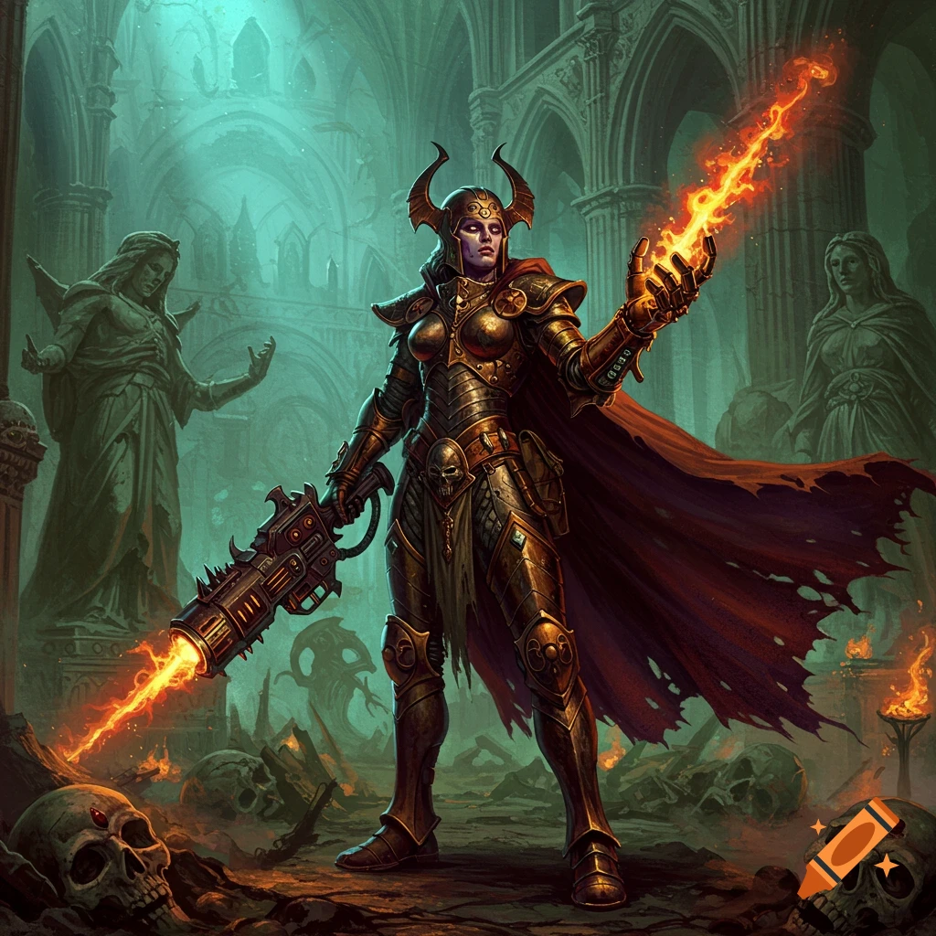 A heroic dark fantasy female warrior in ornate bronze armor and a tattered red cape, holding a glowing blaster cannon and a power gauntlet, stands in a ruined, eerie turquoise cathedral with skulls and broken statues.