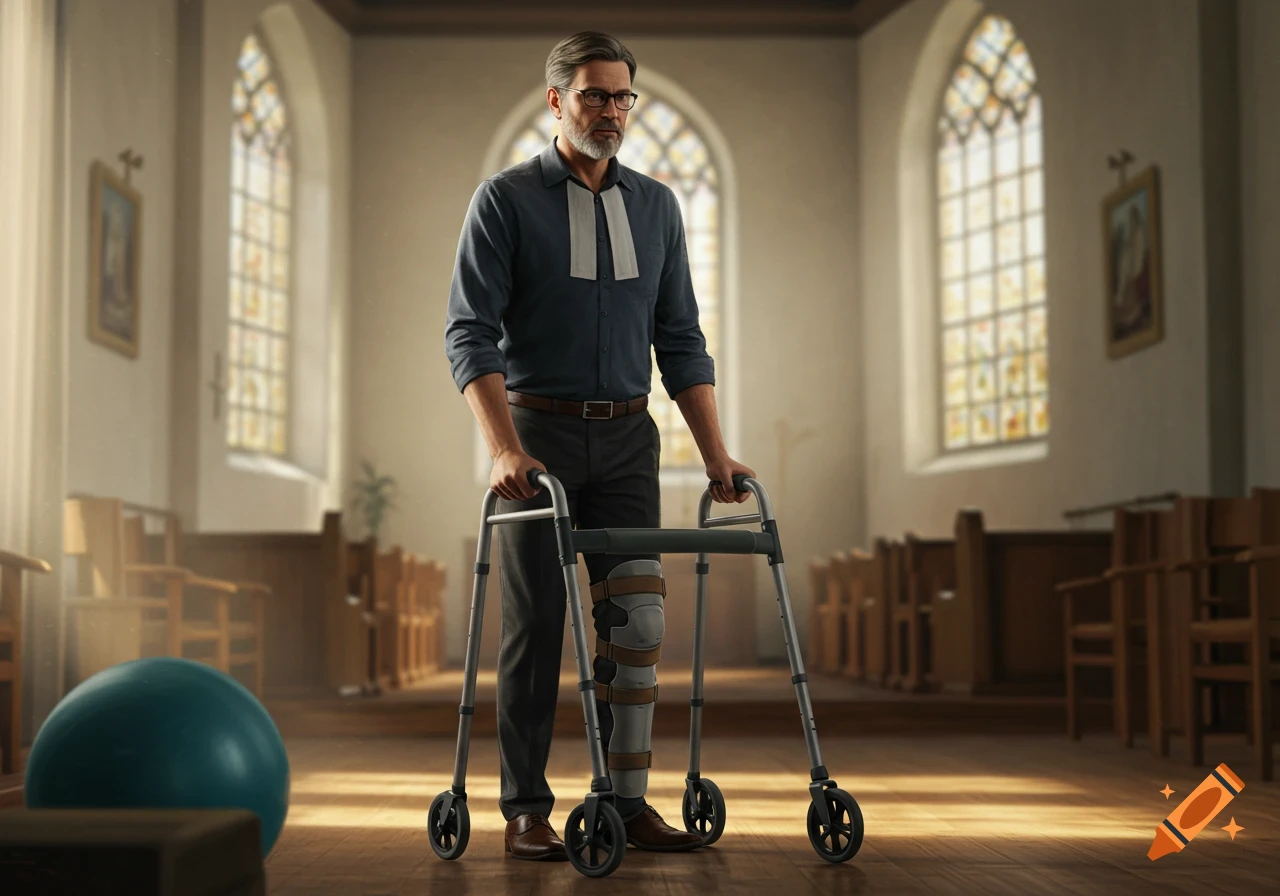 A man with a leg brace stands with a walker in a sunlit church aisle, wearing a dark shirt and glasses.